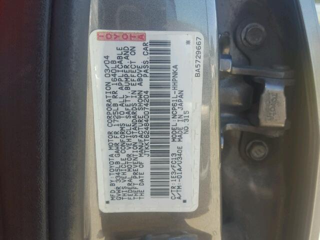 JTKKT624840074204 - 2004 TOYOTA SCION XA GRAY photo 10