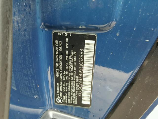 4USCN33492LK52663 - 2002 BMW Z3 2.5 BLUE photo 10