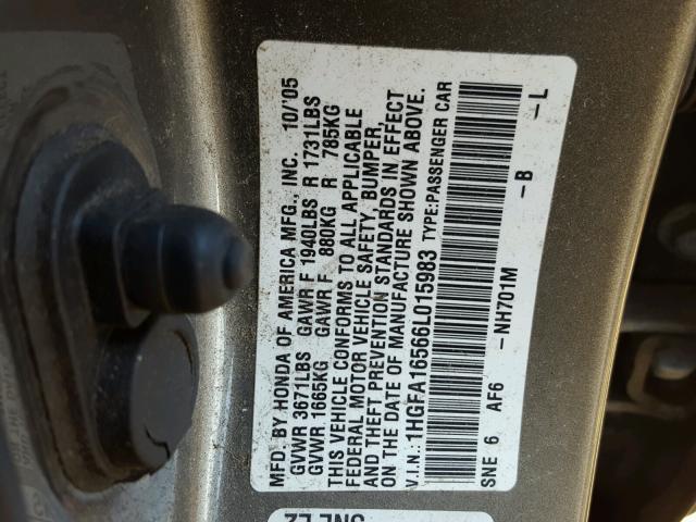 1HGFA16566L015983 - 2006 HONDA CIVIC LX GRAY photo 10