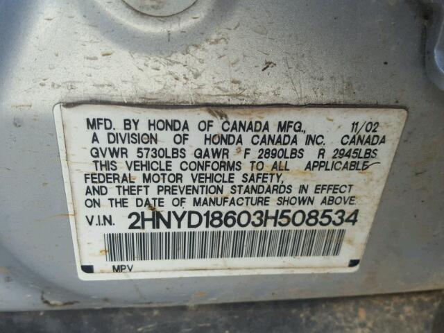 2HNYD18603H508534 - 2003 ACURA MDX TOURIN SILVER photo 10