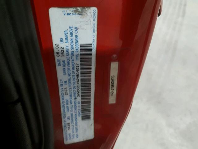 3VWDC21V42M814017 - 2002 VOLKSWAGEN CABRIO GLX 红色 照片 10