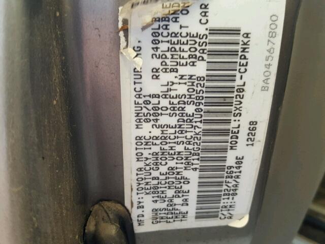 4T1BG22K71U098528 - 2001 TOYOTA CAMRY CE GRAY photo 10