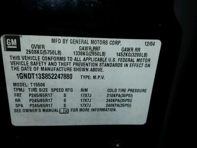 1GNDT13S852247880 - 2005 CHEVROLET TRAILBLAZE BLACK photo 10