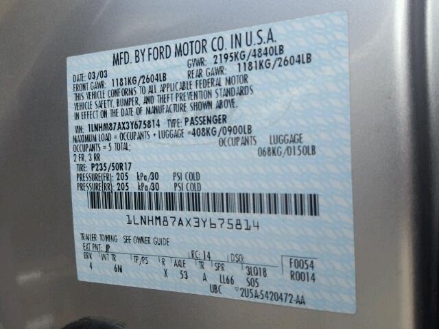 1LNHM87AX3Y675814 - 2003 LINCOLN LS 银色 照片 10