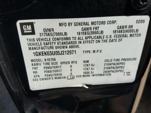 1GKEK63U05J212971 - 2005 GMC YUKON BLACK photo 10