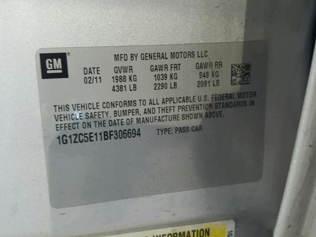 1G1ZC5E11BF306694 - 2011 CHEVROLET MALIBU 1LT SILVER photo 10