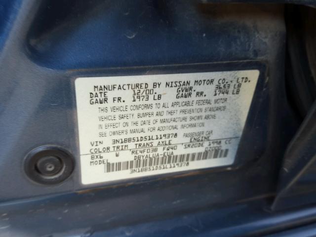 3N1BB51D51L119378 - 2001 NISSAN SENTRA SE BLUE photo 10