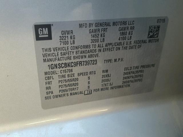 1GNSCBKC9FR739723 - 2015 CHEVROLET TAHOE C150 SILVER photo 10