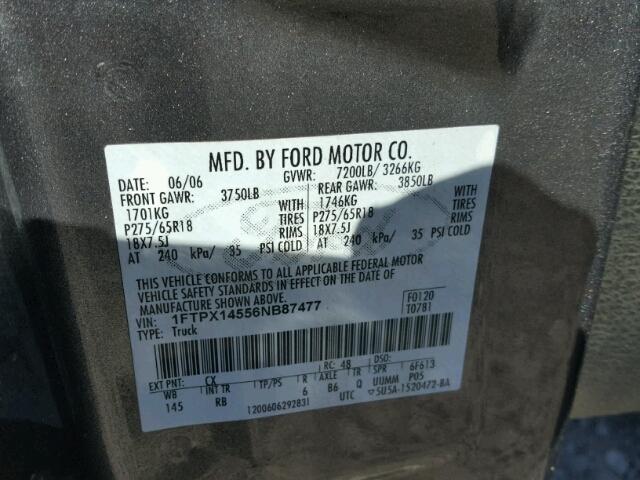 1FTPX14556NB87477 - 2006 FORD F150 GRAY photo 10