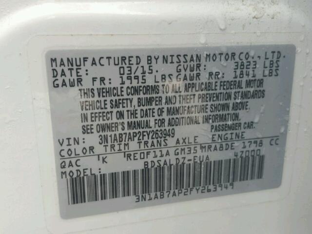 3N1AB7AP2FY263949 - 2015 NISSAN SENTRA S WHITE photo 10