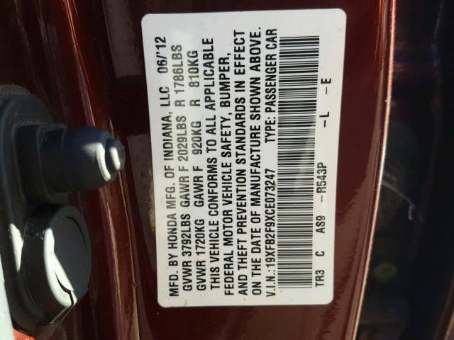 19XFB2F9XCE073247 - 2012 HONDA CIVIC EXL 栗色 照片 10