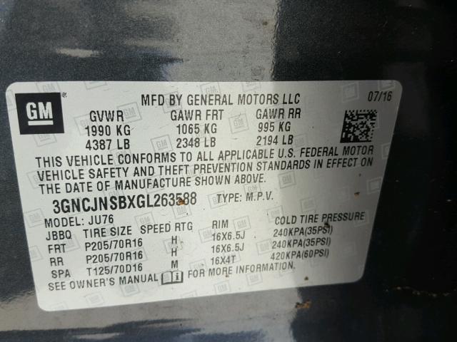 3GNCJNSBXGL263588 - 2016 CHEVROLET TRAX LS CHARCOAL photo 10