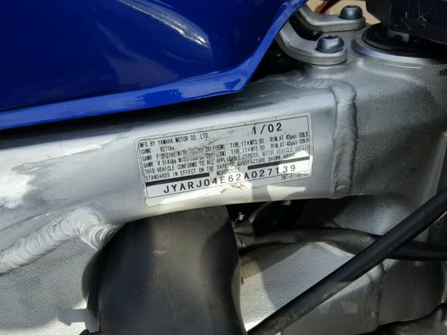 JYARJ04E62A027139 - 2002 YAMAHA YZFR6 L BLUE photo 10