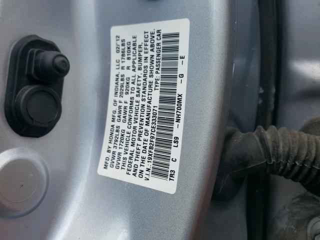 19XFB2F97CE333071 - 2012 HONDA CIVIC EXL ვერცხლისფერი ფოტო 10