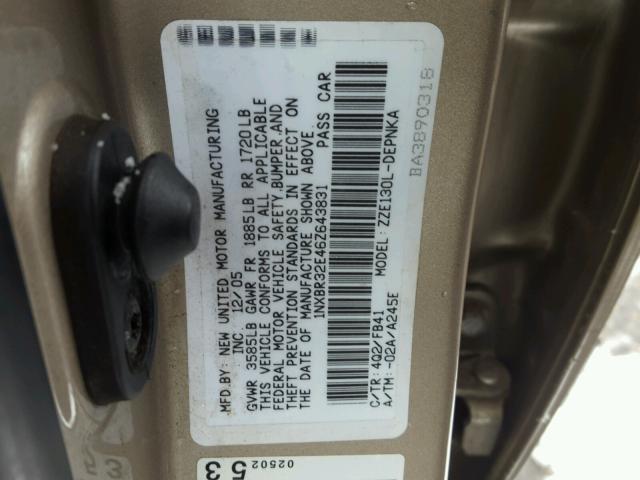 1NXBR32E46Z643831 - 2006 TOYOTA COROLLA GOLD photo 10