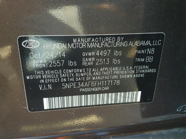 5NPE34AF6FH117178 - 2015 HYUNDAI SONATA SPO CHARCOAL photo 10