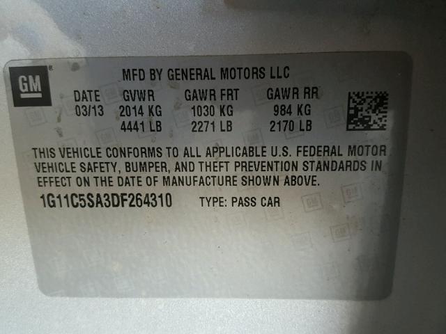 1G11C5SA3DF264310 - 2013 CHEVROLET MALIBU 1LT SILVER photo 10