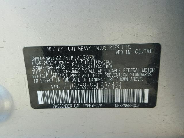 JF1GR89698L834424 - 2008 SUBARU IMPREZA WR SILVER photo 10