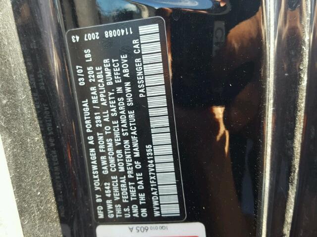 WVWDA71FX7V041355 - 2007 VOLKSWAGEN EOS 2.0T S 黑色 照片 10