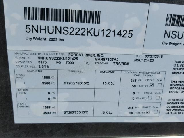 5NHUNS222KU121425 - 2019 UTILITY TRAILER GRAY photo 10