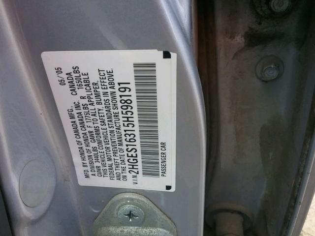 2HGES16315H598191 - 2005 HONDA CIVIC DX V SILVER photo 10