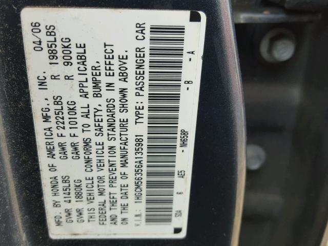 1HGCM56356A135981 - 2006 HONDA ACCORD BLUE photo 10