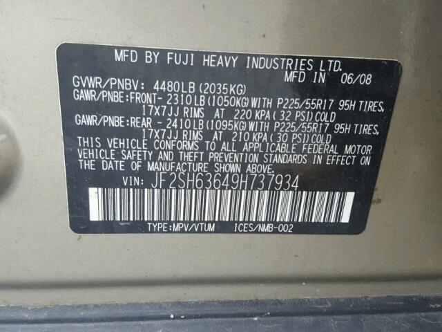 JF2SH63649H737934 - 2009 SUBARU FORESTER 2 TAN photo 10