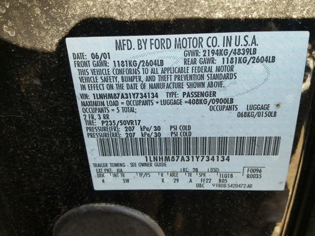 1LNHM87A31Y734134 - 2001 LINCOLN LS 黑色 照片 10