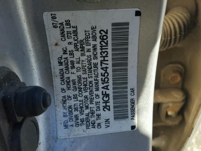 2HGFA15547H311262 - 2007 HONDA CIVIC LX SILVER photo 10