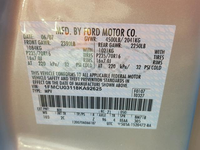 1FMCU03118KA92625 - 2008 FORD ESCAPE TAN photo 10