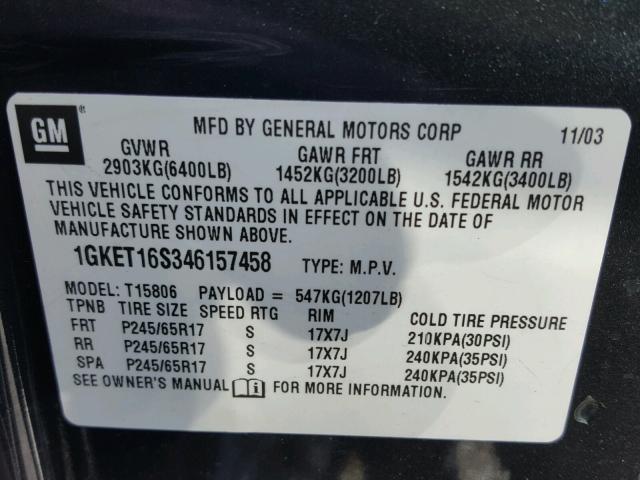 1GKET16S346157458 - 2004 GMC ENVOY BLACK photo 10