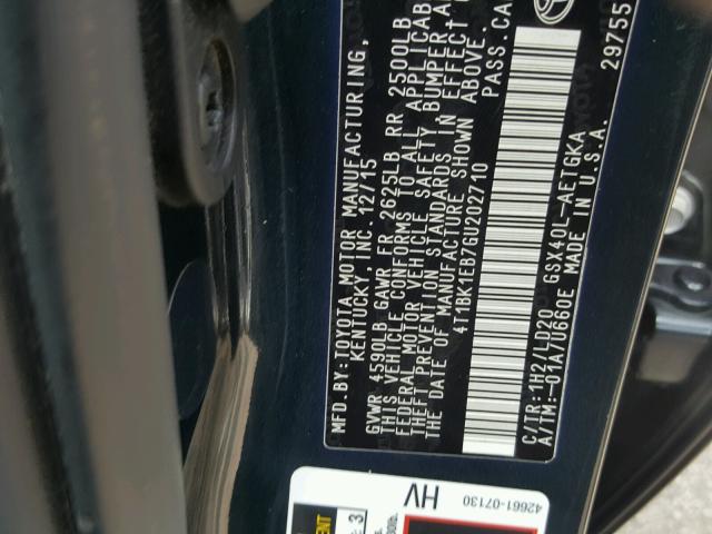 4T1BK1EB7GU202710 - 2016 TOYOTA AVALON XLE BLACK photo 10