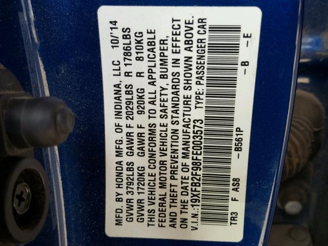 19XFB2F98FE003573 - 2015 HONDA CIVIC EXL 蓝色 照片 10