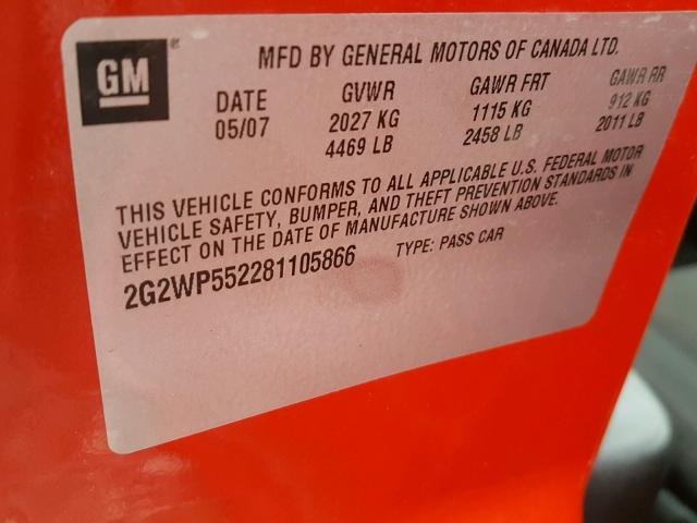 2G2WP552281105866 - 2008 PONTIAC GRAND PRIX RED photo 10