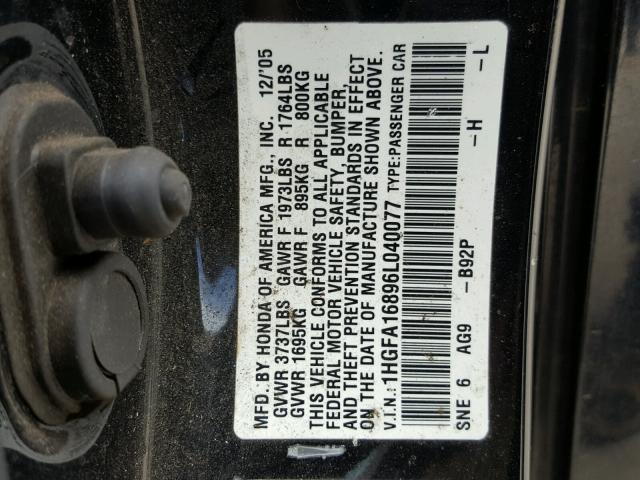 1HGFA16896L040077 - 2006 HONDA CIVIC BLACK photo 10