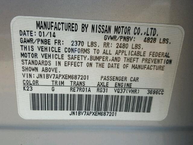 JN1BV7APXEM687201 - 2014 INFINITI Q50 BASE SILVER photo 10