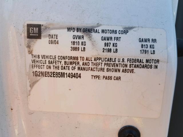 1G2NE52E85M149404 - 2005 PONTIAC GRAND AM S WHITE photo 10