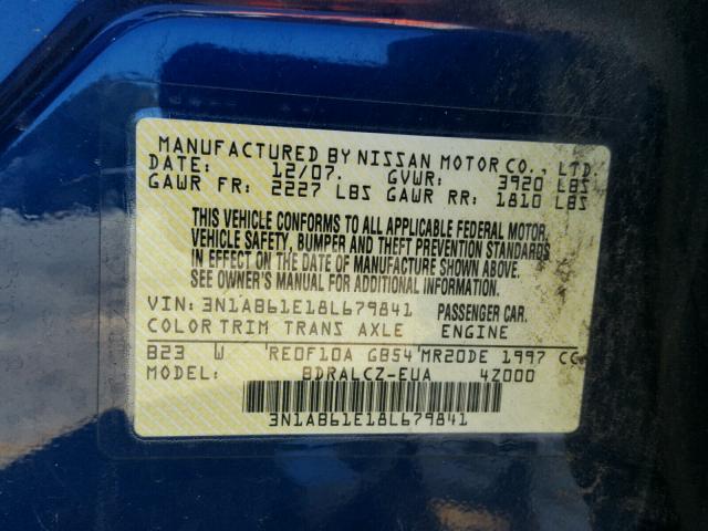 3N1AB61E18L679841 - 2008 NISSAN SENTRA BLUE photo 10