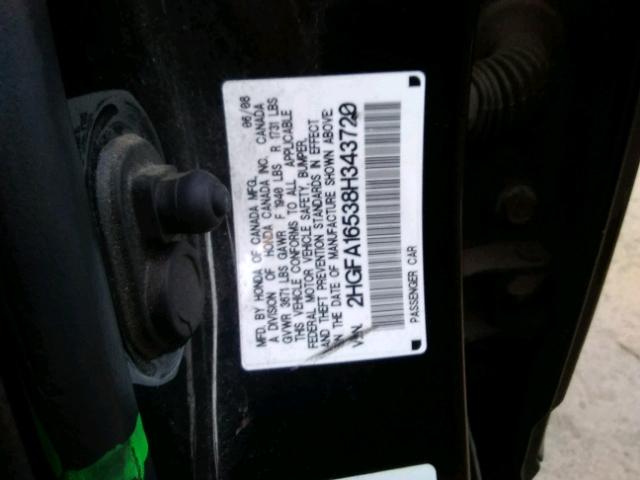 2HGFA16538H343720 - 2008 HONDA CIVIC BLACK photo 10