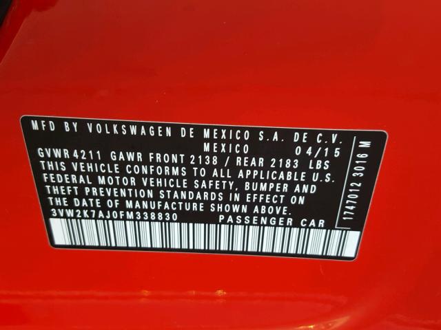3VW2K7AJ0FM338830 - 2015 VOLKSWAGEN JETTA BASE 红色 照片 10