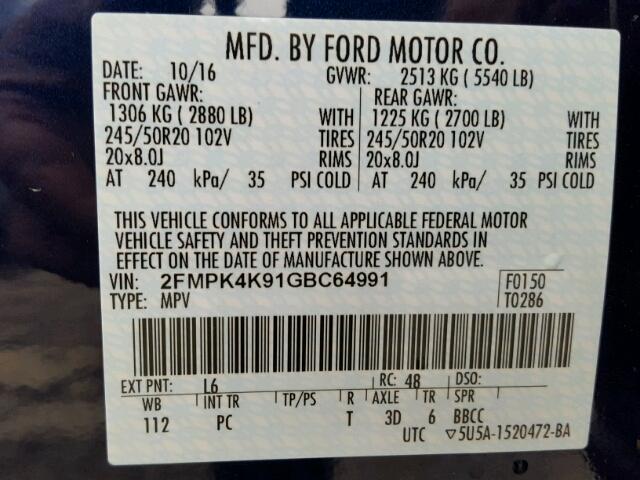 2FMPK4K91GBC64991 - 2016 FORD EDGE TITAN BLUE photo 10