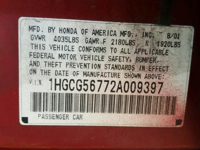 1HGCG56772A009397 - 2002 HONDA ACCORD SE RED photo 10