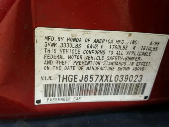 1HGEJ657XXL039023 - 1999 HONDA CIVIC RED photo 10