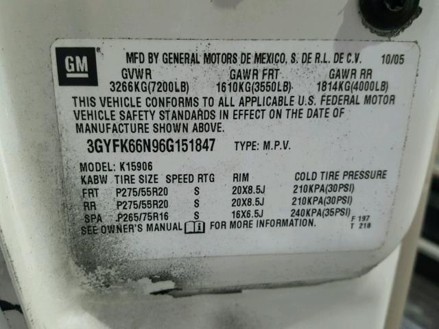 3GYFK66N96G151847 - 2006 CADILLAC ESCALADE WHITE photo 10