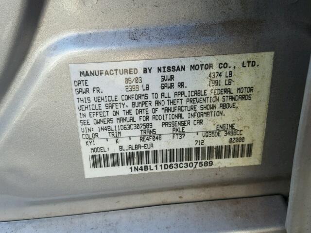 1N4BL11D63C307589 - 2003 NISSAN ALTIMA SE SILVER photo 10