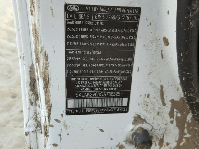 SALAK2V63GA788325 - 2016 LAND ROVER LR4 HSE LU WHITE photo 10