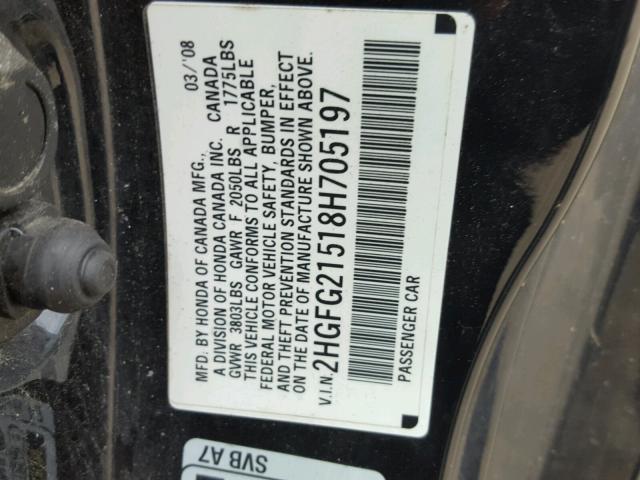 2HGFG21518H705197 - 2008 HONDA CIVIC SI BLACK photo 10