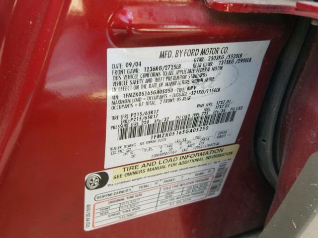 1FMZK05165GA05250 - 2005 FORD FREESTYLE RED photo 10