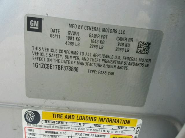 1G1ZC5E17BF378886 - 2011 CHEVROLET MALIBU 1LT ვერცხლისფერი ფოტო 10