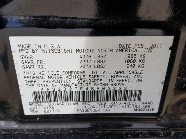 4A32B2FF4BE023231 - 2011 MITSUBISHI GALANT FE BLACK photo 10